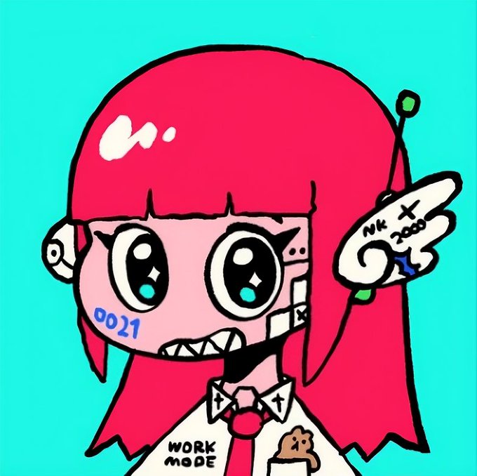 A cartoon drawing of a pink-haired character with large blue eyes and a toothy grin wearing a 'WORK MODE' shirt, set against a bright cyan background.