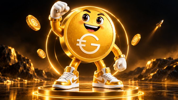 A golden cartoon coin character with arms and legs, wearing sneakers, posing confidently in a dramatic golden-lit setting with floating coins.