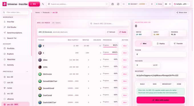 The image shows the Universe Inscribe platform displaying the ARC-20 token minting interface, featuring a list of tokens including "Atomicals" at 95.2% progress (26,000 minted of 28,000 max supply), along with other tickers like "1234," "ibitcoin," "1cash1dollar," and "1cash1usd." Selected ticker "0" shows a minting panel with a 3 sats/vB fee rate and a prominent "Mint with wallet" button, directly supporting the announcement that ARC-20 token minting is now live on the platform.
