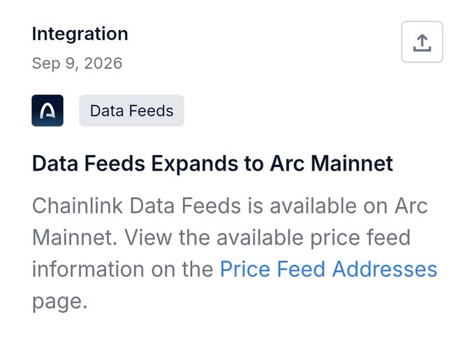 A news update dated Sep 9, 2026 announcing "Data Feeds Expands to Arc Mainnet," noting that Chainlink Data Feeds is now available on Arc Mainnet with a link to Price Feed Addresses.