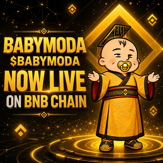This promotional image announces that $BABYMODA is now live on the BNB Chain, featuring a cartoon baby character dressed in traditional gold attire. The text prominently displays "BABYMODA," "$BABYMODA," and "NOW LIVE ON BNB CHAIN" against a dark, geometric background.