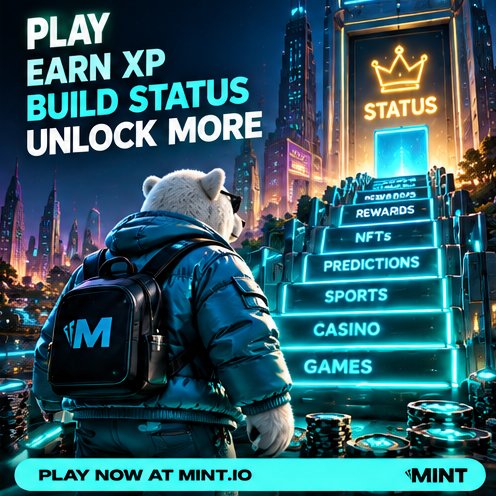 A promotional graphic for MINT.io featuring a polar bear character, with text 'PLAY, EARN XP, BUILD STATUS, UNLOCK MORE' alongside a neon-lit staircase listing 'REWARDS, NFTs, PREDICTIONS, SPORTS, CASINO, GAMES'.