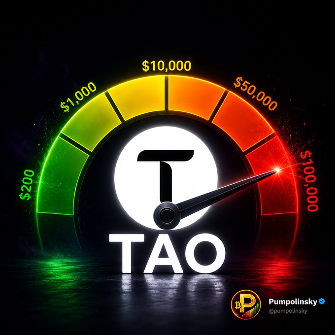 A glowing speedometer-style gauge with the Bittensor (TAO) logo at its center shows the needle pointing toward $100,000, with color-coded tick marks ranging from $200 to $100,000, visually reinforcing the post's claim that "$TAO to $100k is Programmed." The image is branded with "Pumpolinsky @pumpolinsky" in the bottom right corner.