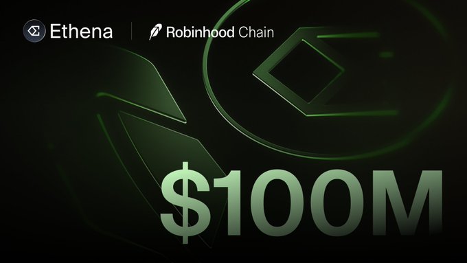 Promotional graphic for Ethena on Robinhood Chain featuring a green '$100M' text and the Ethena logo against a dark background.