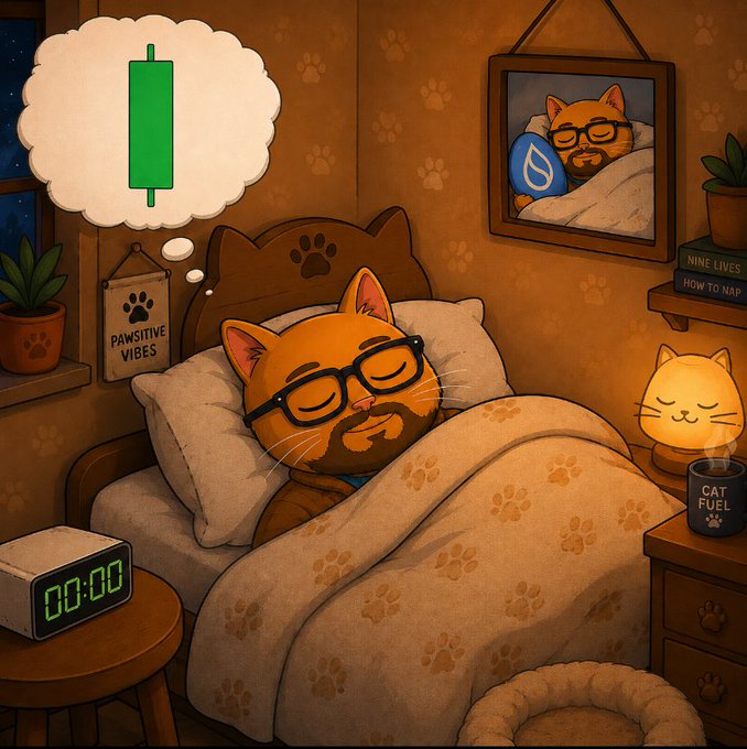 A cartoon illustration depicts an orange cat with glasses sleeping peacefully in bed, dreaming of a green candlestick chart, with a "Pawsitive Vibes" sign and a clock showing 00:00.