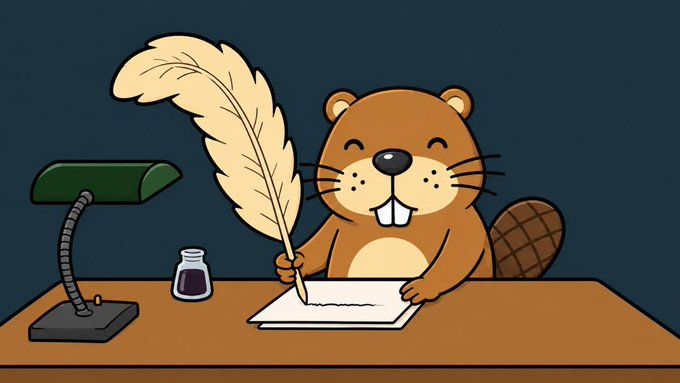 A cheerful cartoon beaver sits at a desk with a quill pen, inkwell, and paper, busily writing—fitting the post's theme of $Chonketha (the "chonk" beaver) actively building while others wait in its shadow.