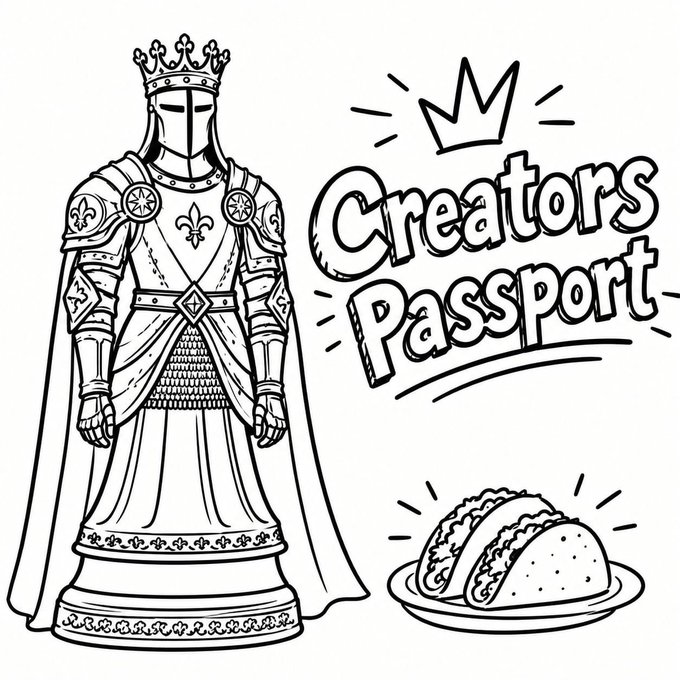 A black-and-white line drawing featuring a knight in armor standing on a pedestal next to the text 'Creators Passport' and an illustration of two tacos.