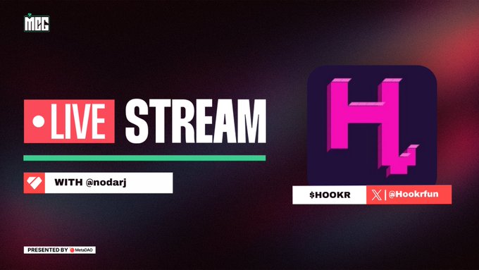 A promotional banner for a 'LIVE STREAM' presented by 'MEG' and 'MantaDAO,' featuring a guest 'nadarj' and large pink 'H' logo for '$HOOKR' with the handle '@Hookrfan'.