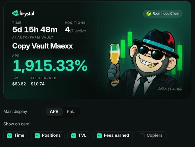 A dashboard for 'Copy Vault Maexx' on the Krystal platform showing 1,915.33% APR, 5d 15h 48m time, $63.62 TVL, and $10.74 fees earned, with a cartoon monkey in a suit holding champagne.