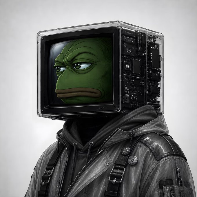 A grayscale futuristic humanoid figure in a hooded leather jacket and harness has a boxy CRT computer monitor for a head, displaying the green animated meme character Pepe the Frog.