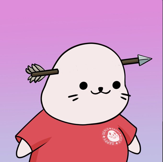 A cute cartoon white cat-like character with an arrow piercing through its head wears a red shirt featuring a "SEALS + SAPPY" logo.