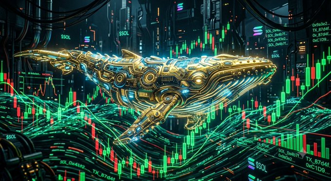 A cyberpunk-style digital illustration of an ornate mechanical whale floating amidst green and red candlestick trading charts labeled with cryptocurrency tickers like 'SSOL' and 'SOL'.