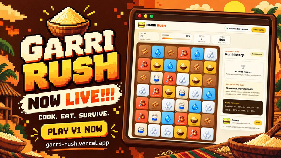 A promotional graphic for a pixel-art survival game called 'GARRI RUSH', showing a match-3 style grid of ingredients and a 'COOK. EAT. SURVIVE.' tagline, with a 'PLAY V1 NOW' button and the URL 'garri-rush.vercel.app'.