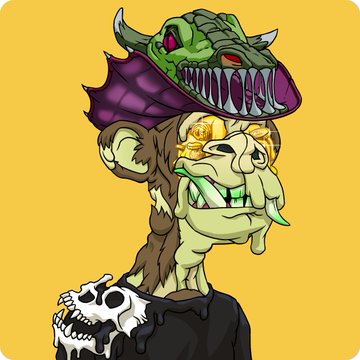 A digital illustration of a skeletal monkey character wearing a green dragon-like hat with purple accents, featuring gold teeth and tusks against a yellow background.