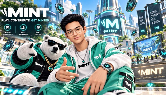 A promotional image for 'MINT' gaming platform featuring a young man with glasses and a panda wearing sunglasses in a futuristic city setting, with 'PLAY. CONTRIBUTE. GET MINTED.' tagline.