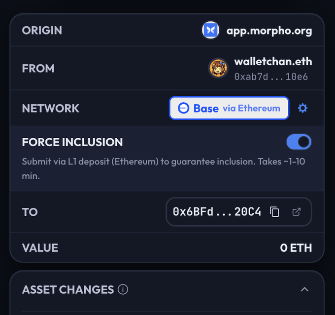 A transaction interface from app.morpho.org showing a transfer from 'walletchan.eth' (0xab7d...10e6) on the Base network via Ethereum, with Force Inclusion enabled and a value of 0 ETH.