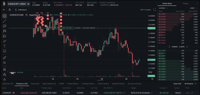 A cryptocurrency trading interface showing a downward-trending CASHCAT-USDC chart with a current price of 0.12860 and a significant 24-hour decline of -30.52%.