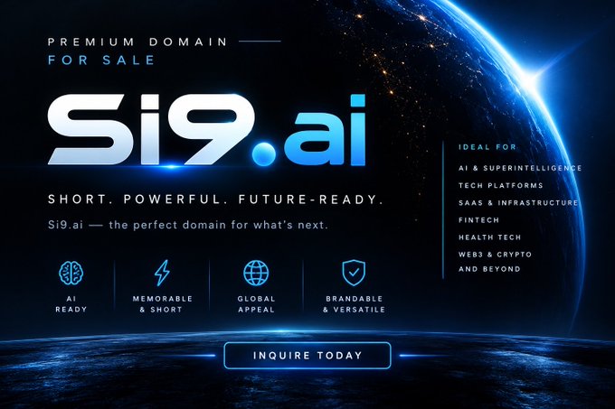 A premium domain sales banner for 'Si9.ai' promoting it as 'SHORT. POWERFUL. FUTURE-READY.' with sections for AI, Memorable & Short, Global Appeal, and Brandable & Versatile uses.