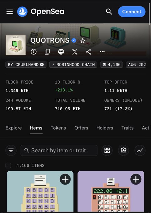 A screenshot of the OpenSea NFT marketplace shows the QUOTRONS collection by CRUELHAND on the Robinhood Chain, displaying a floor price of 1.345 ETH and 4,166 items with pixel art computer-themed thumbnails.