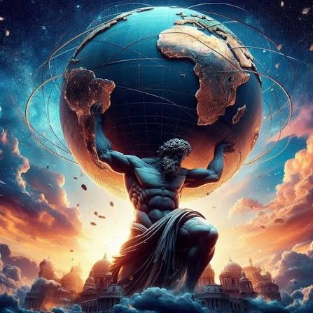 A muscular Greek titan, reminiscent of Atlas, lifts the Earth on his shoulders against a dramatic sunset sky with classical architecture below—evoking the mythological weight of carrying the world, a fitting metaphor for someone feeling burdened (or empowered) by making a major contribution to the Bitcoin discourse.