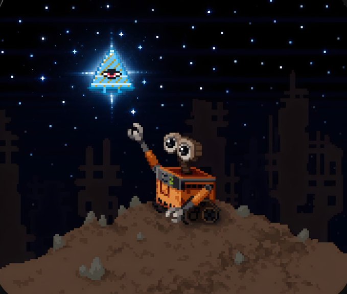 Pixel art depicts an orange robot with antennae standing on a dirt mound, reaching up toward a glowing blue, triangle-shaped celestial object with a red eye in a starry night sky.