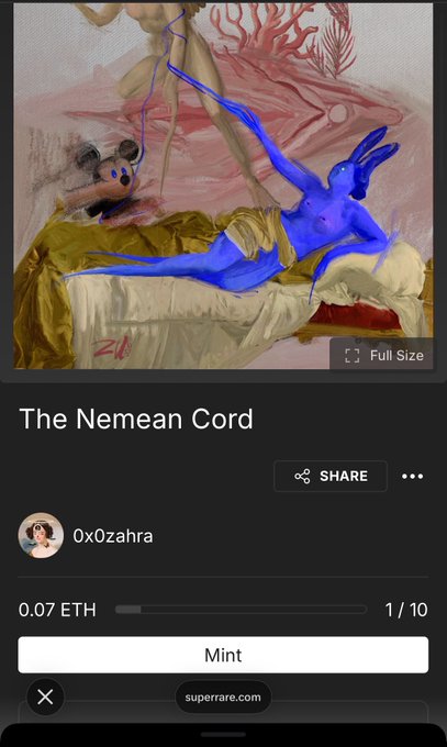 A screenshot of an NFT minting page for "The Nemean Cord" by artist 0x0zahra, showing an abstract artwork with blue and pink figures, priced at 0.07 ETH with 1/10 minted.