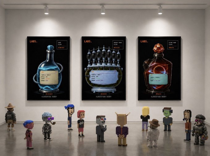 Gallery-style image showing three framed 'LABS.' classified asset posters depicting futuristic potion bottles, with pixel-art character figurines lined up below them.