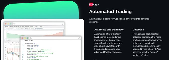 A promotional graphic for MyAlgo's Automated Trading service, featuring a trading chart and code window on the left, with text explaining how it 'Automatically execute MyAlgo signals on your favorite derivates exchange' with sections for 'Automate and Dominate' and 'Database'.