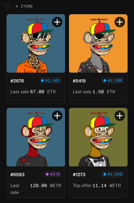 The image displays a marketplace listing showing 4 Bored Ape Yacht Club (BAYC) NFT items, each featuring rare double-multicolor characteristics with various fur and clothing traits. The listings show prices ranging from 1.50 ETH to 120.00 WETH, with the most valuable being #6583 (last sale 120.00 WETH) and #1273 (top offer 11.14 WETH), illustrating the scarcity and value of these uniquely colored apes as referenced in the post about the limited supply of "double-multicolor BAYC" in existence.