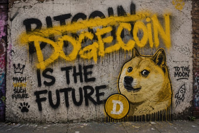 The image features a graffiti-covered wall with the text "Bitcoin DOGEcoin IS THE FUTURE" written above a drawing of a dog's head, which appears to be made out of paint or spray paint. The text on the wall is in yellow and black colors, making it stand out against the white background of the wall.