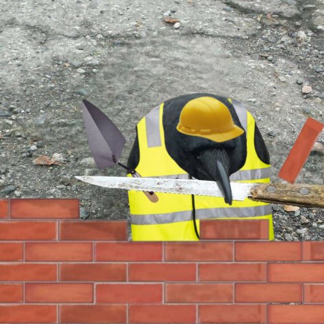 A crow wearing a yellow safety vest and hard hat holds a trowel and brick as it lays a red brick wall, humorously embodying the "CAWCAW" call as a tiny construction worker. The juxtaposition of the bird in full construction gear playfully ties into the crow's vocalization, casting it as a diligent builder on the job.