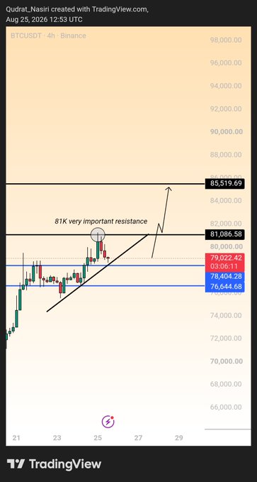 A BTCUSDT 4h TradingView chart showing price consolidation with annotations indicating '81K very important resistance' and horizontal support levels including '85,519.69' and '81,086.58'.