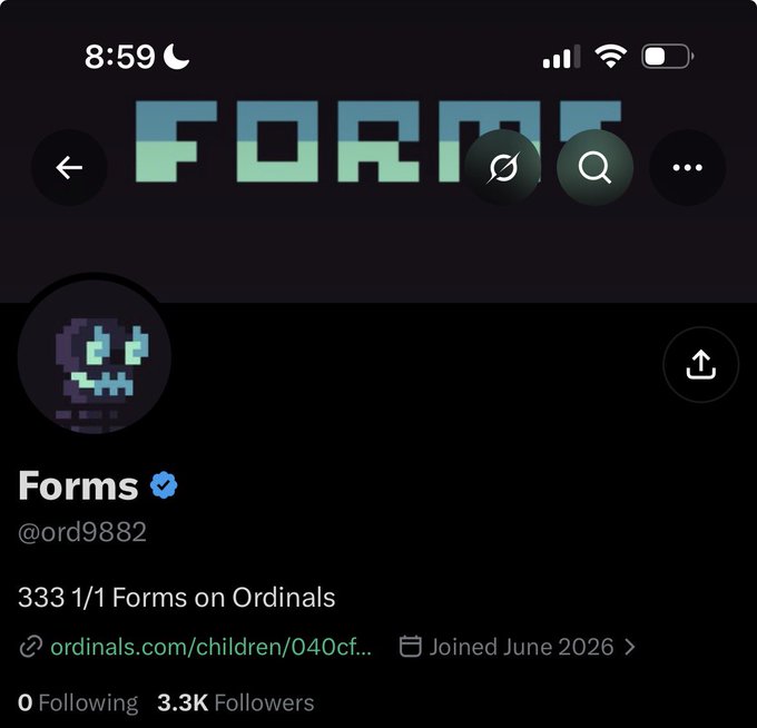 A Twitter/X profile for "Forms" (@ord9882) is displayed, showing 3.3K followers, 333 1/1 Forms on Ordinals, and joined June 2026, with a pixelated smiley face profile picture.