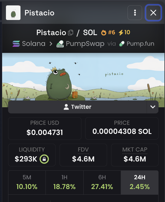 The image displays a trading chart for the Solana-based meme token "Pistacio" (ticker #6), priced at $0.004731 USD (0.00004308 SOL), with a liquidity of $293K, market cap of $4.6M, and notable 24H gains of 2.45% alongside stronger 5M-6H increases of 10-27%. The post references buying "boost" and supporting the artist behind the project, implying this token chart is the focal point of the author's promotional efforts and conviction-driven accumulation despite volatility.