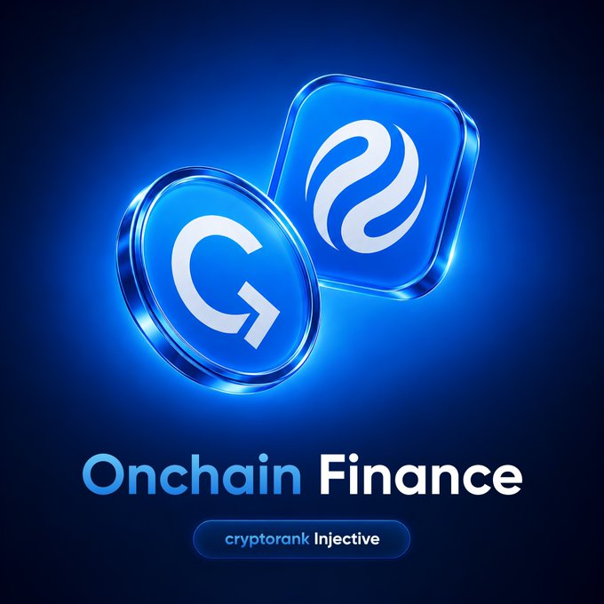 A glossy blue 3D graphic displays two glassy coin and tile icons featuring the "G" and Injective logos, positioned above the text "Onchain Finance" and a "cryptorank Injective" button, visually reinforcing the post's emphasis on institutional-grade blockchain infrastructure, real liquidity, and reliable settlement built on the Injective network.