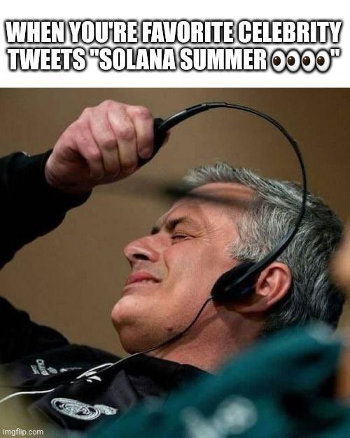 A man winces as he rips off his headset in frustration, with the caption "WHEN YOU'RE FAVORITE CELEBRITY TWEETS 'SOLANA SUMMER 👀👀👀'" overlaid on top. The meme humorously captures the disappointment of a Solana (SOL) investor who is still down 87% from 2021's bull run peak, contrasting a celebrity's hype about a potential "Solana Summer" rally with the reality of their significant losses.