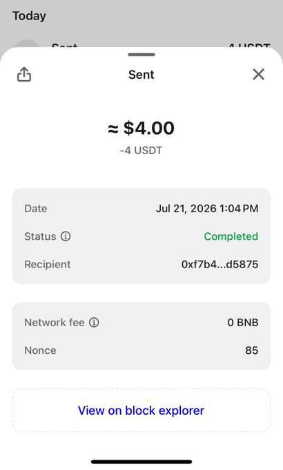A crypto transaction shows a completed transfer of approximately $4.00 worth of USDT on July 21, 2026, potentially prompting the question "Who is next?" in relation to further transactions.