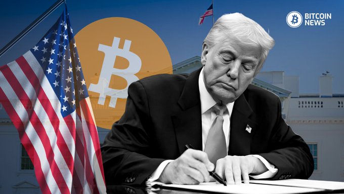 An illustration shows Donald Trump seated at a desk in front of the White House and an American flag, with a large Bitcoin (₿) logo superimposed behind him and "BITCOIN NEWS" branding in the top right. The image visually ties to the accompanying story about the House Financial Services Committee advancing the American Reserve Modernization Act, which would establish a Treasury Strategic Bitcoin Reserve and impose a 20-year holding period on federally forfeited bitcoin.