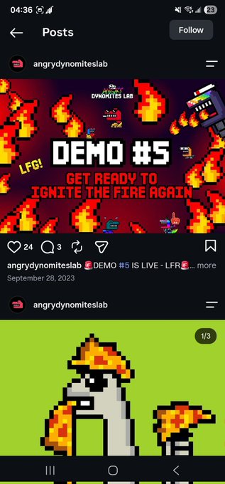 Instagram posts from angrydynomiteslab featuring 'DEMO #5 - GET READY TO IGNITE THE FIRE AGAIN' pixel art with fire graphics and a mushroom character.