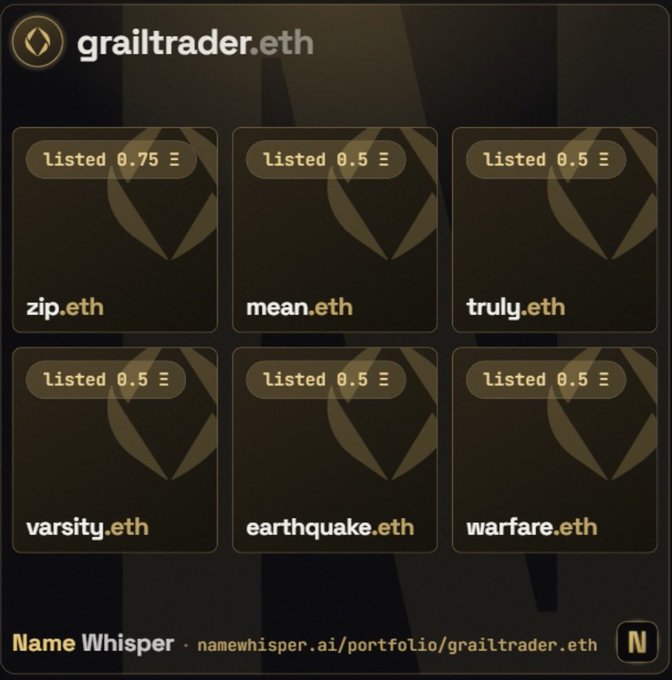 A screenshot from grailtrader.eth on Name Whisper showing a portfolio of listed ENS domains including zip.eth, mean.eth, truly.eth, varsity.eth, earthquake.eth, and warfare.eth.