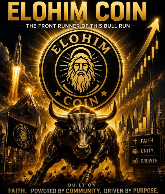 A gold-themed promotional graphic for 'ELOHIM COIN' featuring a bearded figure emblem, a charging bull, a rocket, and city skylines, with the tagline 'THE FRONT RUNNER OF THIS BULL RUN' and bullet points listing 'FAITH, UNITY, GROWTH.'