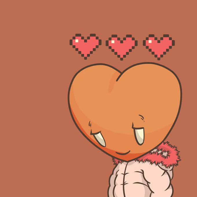 A cartoon illustration of a heart-headed character with pixelated hearts above its head, sitting on an orange background.