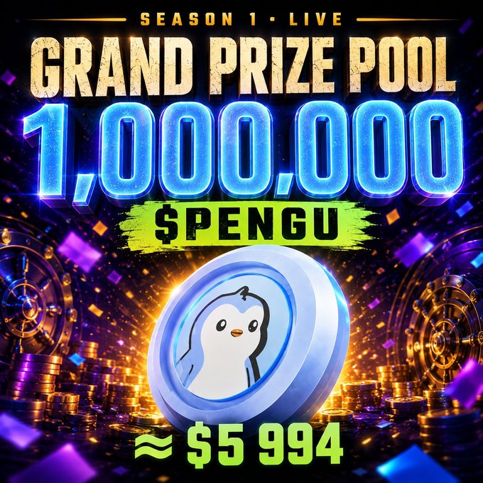A promotional graphic announces a "Grand Prize Pool" of 1,000,000 $PENGU (approximately $5,994 USD), featuring the PENGU penguin mascot coin surrounded by stacks of coins against a vibrant purple and gold background. The image ties to the post's announcement of a live airdrop event offering 200,000 BD, using the prize pool to entice viewers to join the live spaces.