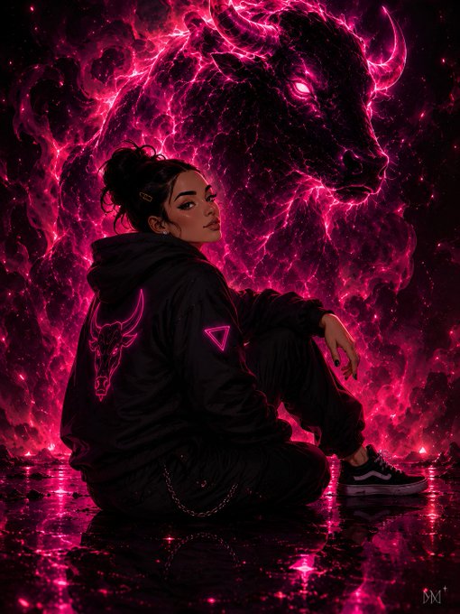 A stylized digital artwork of a young woman sitting in a black hoodie with a pink bull logo, set against a vibrant magenta background featuring a large, glowing demonic bull head.