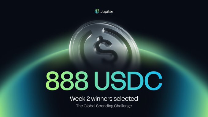 The image shows a Jupitorial logo with a green and blue color scheme against a dark background. Below the logo, there are details about an online spending challenge being sponsored by Jupiter Spend. The challenge involves two weeks where people can deposit money into their accounts for $888 USDC. To be considered, participants need to make the highest deposit within two days. The winning account will receive a prize of $888 USDC in return, which is set out explicitly as stated in the image's caption below it.
