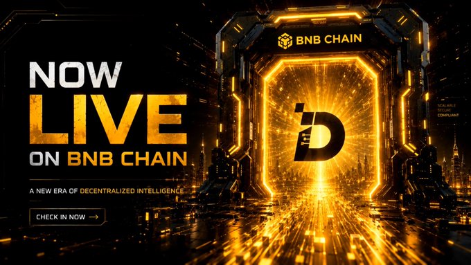 A futuristic promotional banner with glowing golden visuals announces "NOW LIVE ON BNB CHAIN" alongside the BNB Chain logo and a stylized "D" symbol, promoting the DI Airdrop campaign by @Didotxyz_ with a "CHECK IN NOW" call-to-action button, matching the post's announcement of the Decentralized Intelligence launch on BNB Chain.