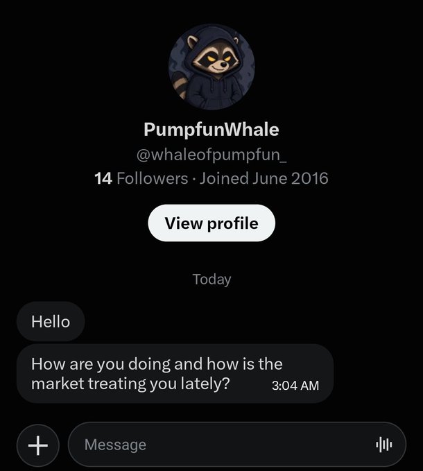 The image shows a Twitter/X direct message from the account "PumpfunWhale" (@whaleofpumpfun_), which has 14 followers and joined in June 2016, sending a generic "Hello, how are you doing and how is the market treating you lately?" message at 3:04 AM—appearing to be a scam impersonator, consistent with the accompanying post warning that this handle is not the legitimate account owner.