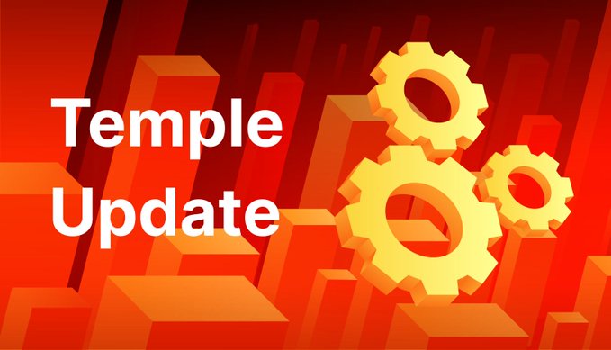 A graphic with text "Temple Update" displayed over a red background with golden 3D gears.