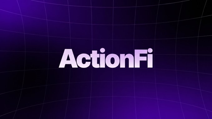 The image features the "ActionFi" logo in white gradient text centered on a dark purple background with a subtle grid pattern, visually reinforcing the post's excitement about the upcoming launch and its teased partner reveal.