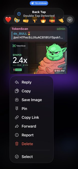 A Telegram screenshot showing a Back Tap notification overlay and a long-press context menu with options like Reply, Copy, Save Image, Pin, Copy Link, Forward, Report, Delete, and Select, overlaid on a chat featuring an Oogie Boogie-style character meme with the text 'de_BULL', '/pnl H7Fec9JJXuAC818fZYSpsk1...', and '$PAPER 2.4x'.